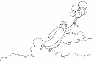 Continuous one line drawing success Arabian businessman flying with balloon. Happy office worker achieve financial independence. Business metaphor. Single line draw design vector graphic illustration