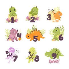 Dinosaurs and figures. Vector set of dinosaurs. Cute baby dinosaurs and numbers, kids clipart, Little dinos. Baby shower. Kids party, birthday. Kids print