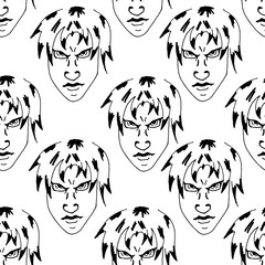 Obraz premium Vector illustration of a halloween background with angry vampire man drawing black color on white paper. Halloween concept. Wrapping paper on halloween.