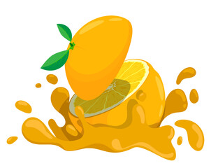 Orange cut in half falls into refreshing orange juice. Citrus juice splashes and splashes around fruit. Cartoon vector isolated on white background