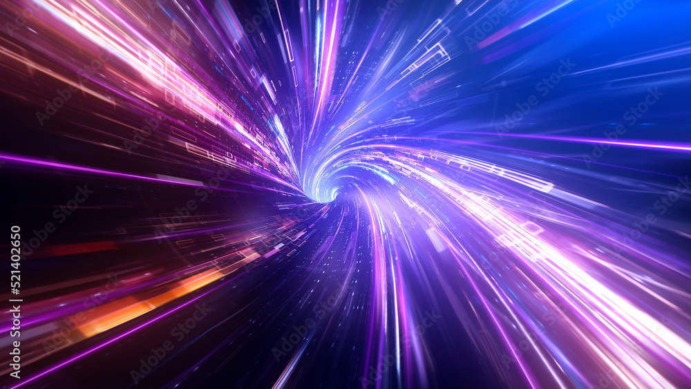 Poster speed of digital lights, neon glowing rays in motion into digital technologic tunnels. 3d rendering