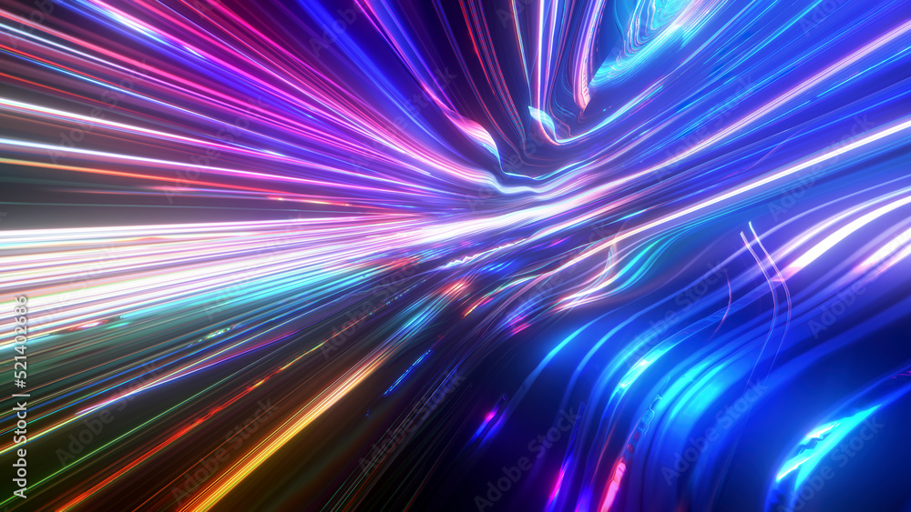 Poster light and stripes moving fast over dark background and are reflected in the road surface. technology