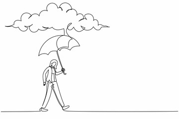 Fototapeta na wymiar Continuous one line drawing protective businesswoman walking with umbrella stand under rain cloud. Depression, passerby at rainy weather. Drenched woman. Single line design vector graphic illustration