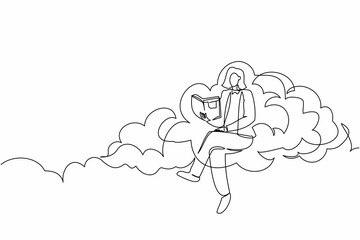 Single one line drawing clever businesswoman sitting on cloud and reading book. Studying for higher education. Pursuit career growth in the office. Continuous line design graphic vector illustration