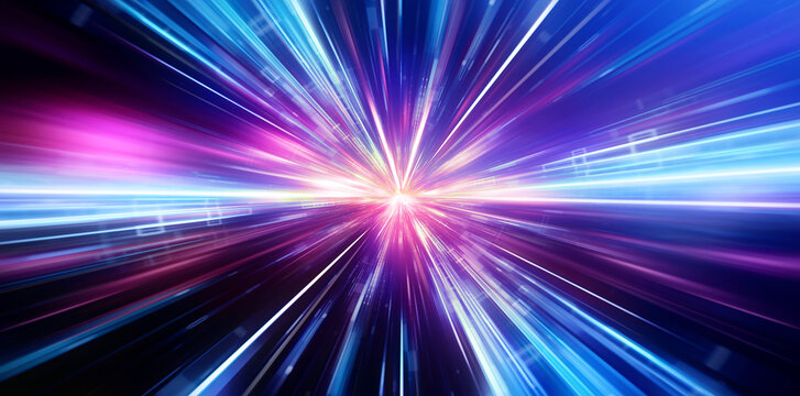 Acceleration speed motion on night road. Light and stripes moving fast over dark background. Abstract colorful Illustration.