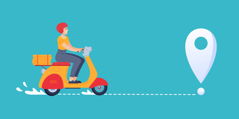 Food deliveries courier. Female character riding scooter with pizza boxes. Woman worker in helmet going to location