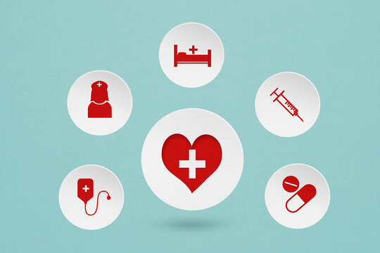 World Heart Day , health insurance health care Medical awareness day, wellness, wellbeing concept. Red heart with clinic or hospital sign paper cut and health and medical icon