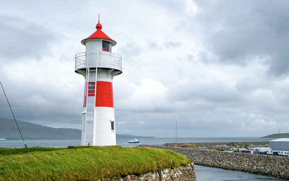 Lighthouse of Torshavn inside fort of Torshavn. Skansin fortress of Torshavn and its lighthouse in Faroese island of Streymoy. Atlantic Ocean 