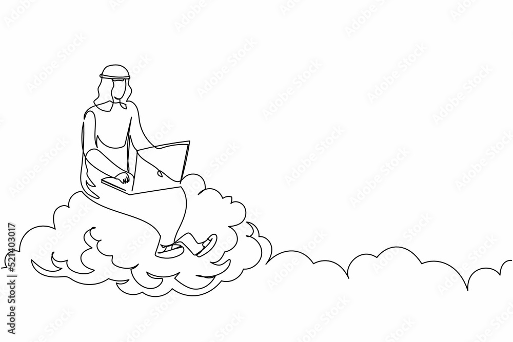 Poster continuous one line drawing arab businessman sitting on cloud in sky and working with laptop. wirele