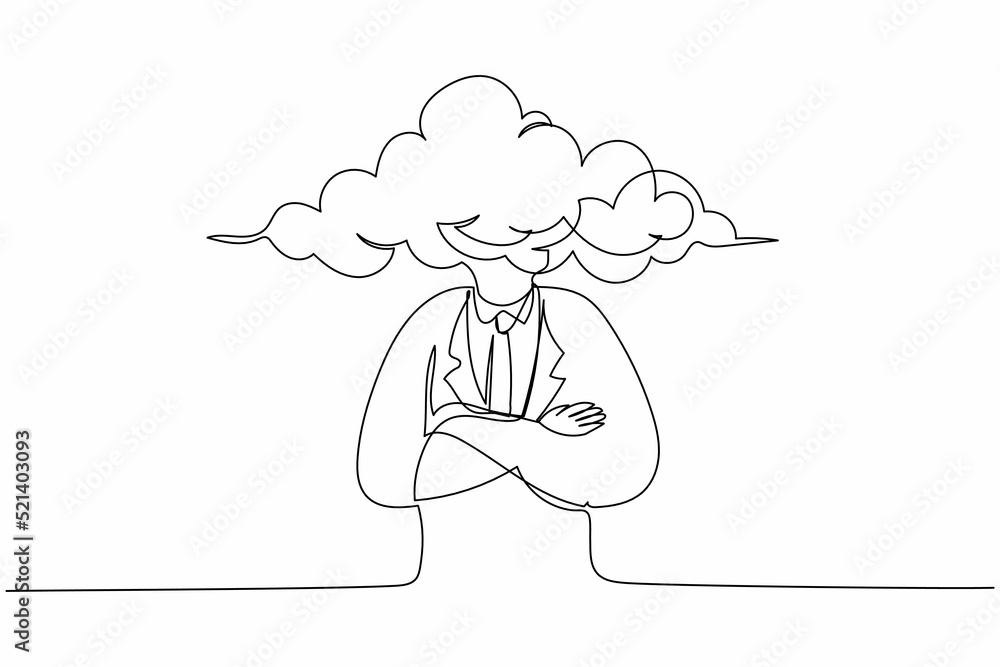 Poster single continuous line drawing cloud head businessman. man with empty head and cloud instead. distra