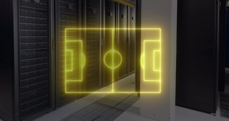 Animation of yellow neon football pitch markings over computer server room - Powered by Adobe