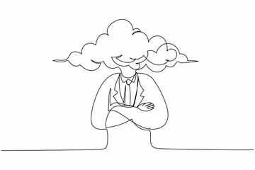 Single continuous line drawing cloud head businessman. Man with empty head and cloud instead. Distracted, daydreaming, absent and impractical concept. One line draw graphic design vector illustration