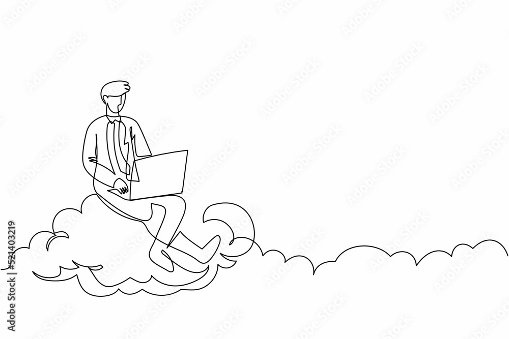 Poster single continuous line drawing businessman sitting on cloud in sky and working with laptop. wireless