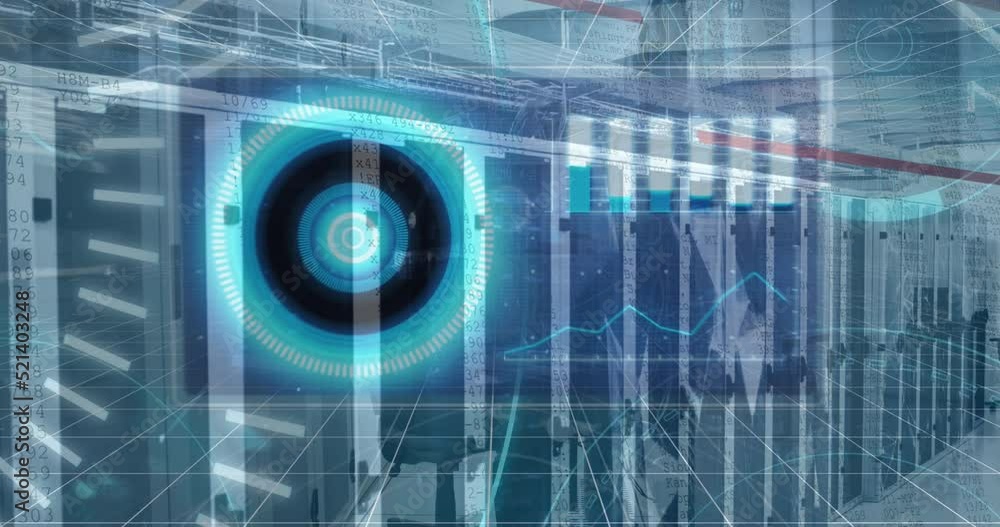 Poster animation of scope scanning and data processing over tech room with computer circuit board