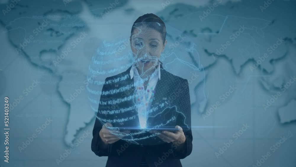 Poster animation of data processing over globe against caucasian businesswoman using digital tablet