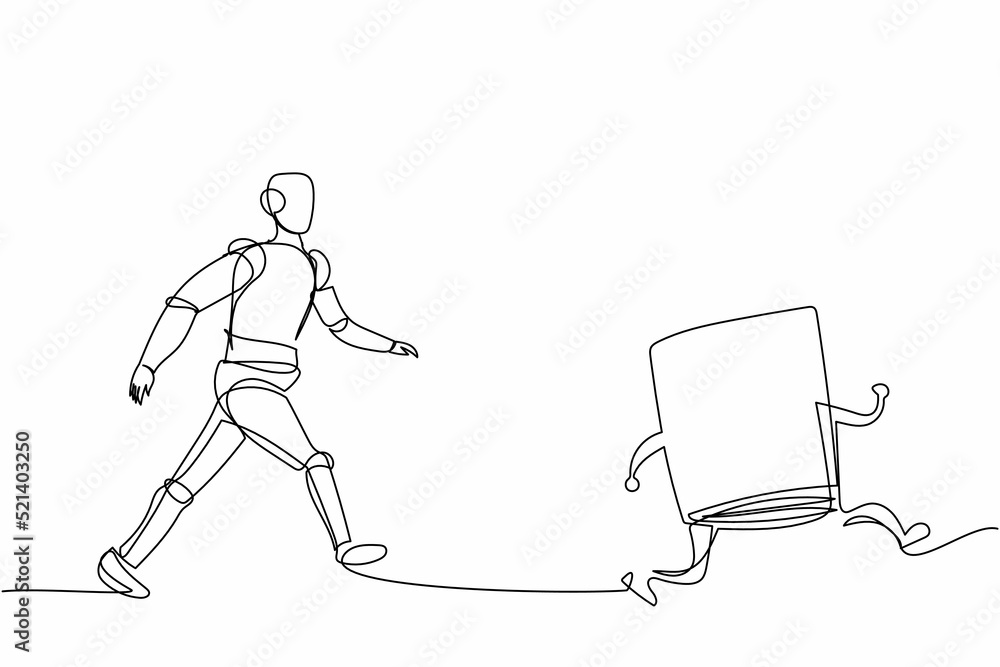 Poster single one line drawing robot run chasing textbook for learning aspiration. future technology develo