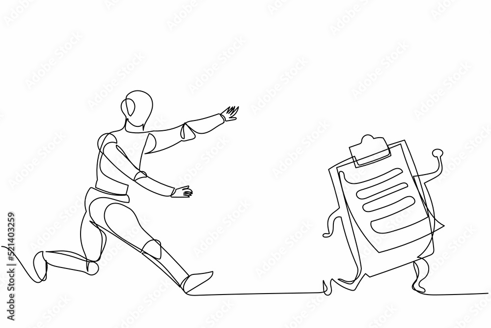 Poster single continuous line drawing robot chasing clipboard. checklist document machine operation. roboti