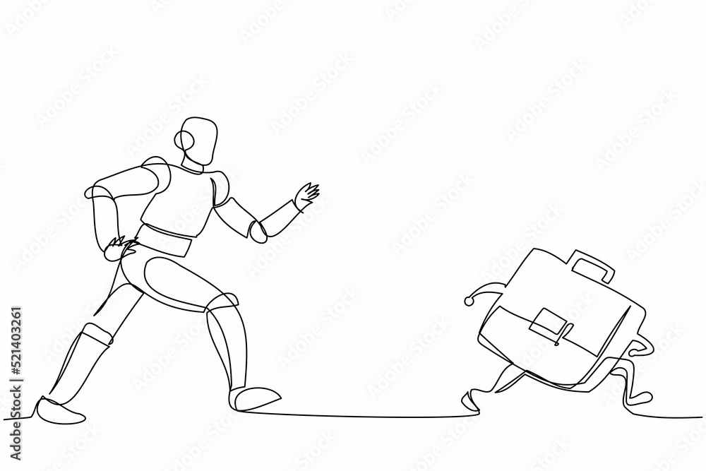 Poster single one line drawing robot running chasing briefcase. leather factory industry. future technology