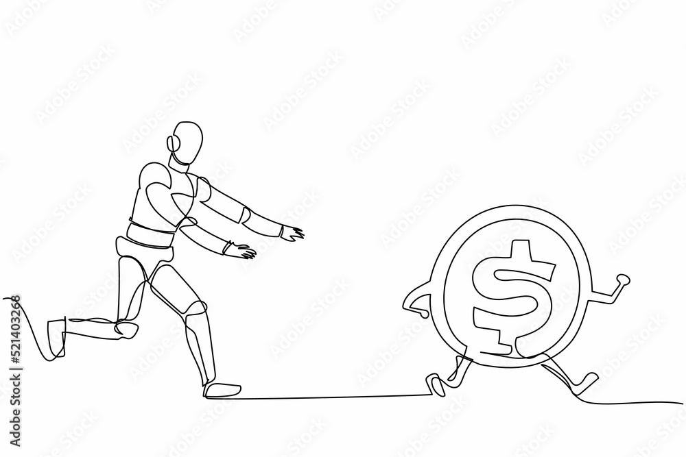 Poster continuous one line drawing robot chase dollar coin. huge money in robotic industry investment. huma