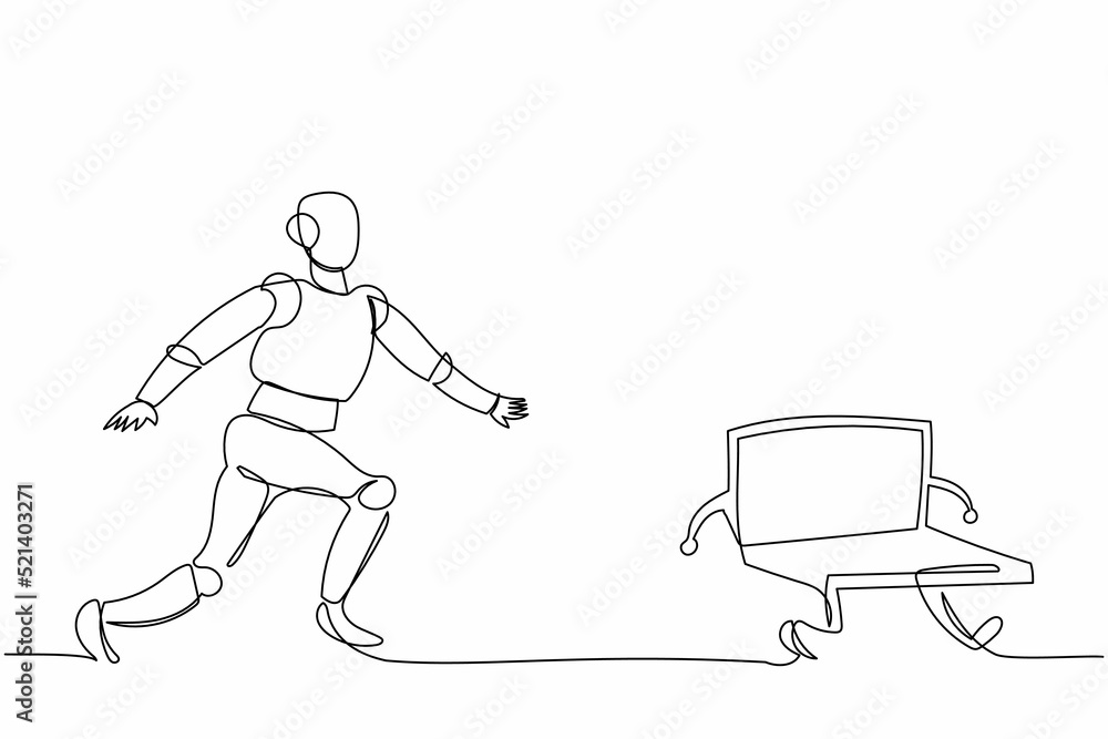 Poster single continuous line drawing robot chasing laptop computer. deadline and task. modern robotic arti