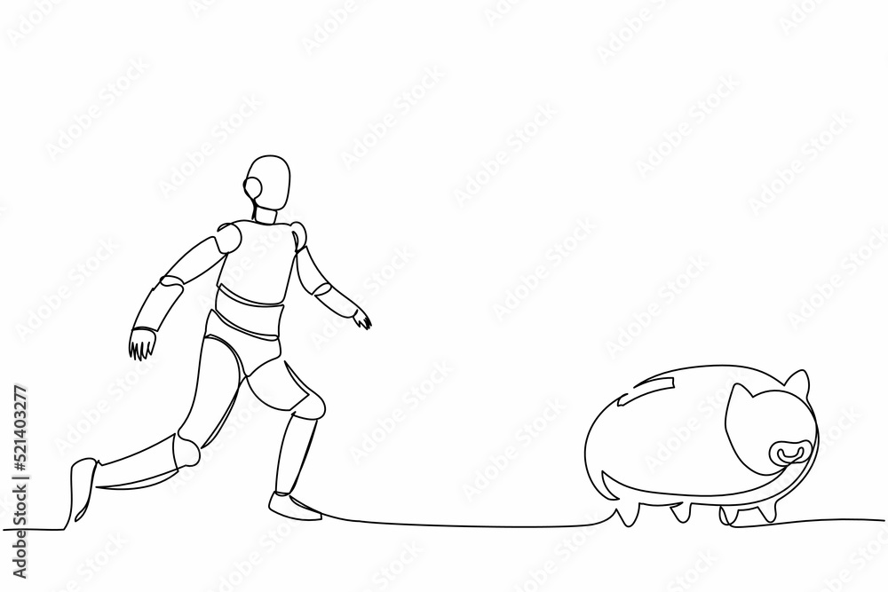 Poster single one line drawing robot chase piggy bank. taking profit in bullish market. future technology. 