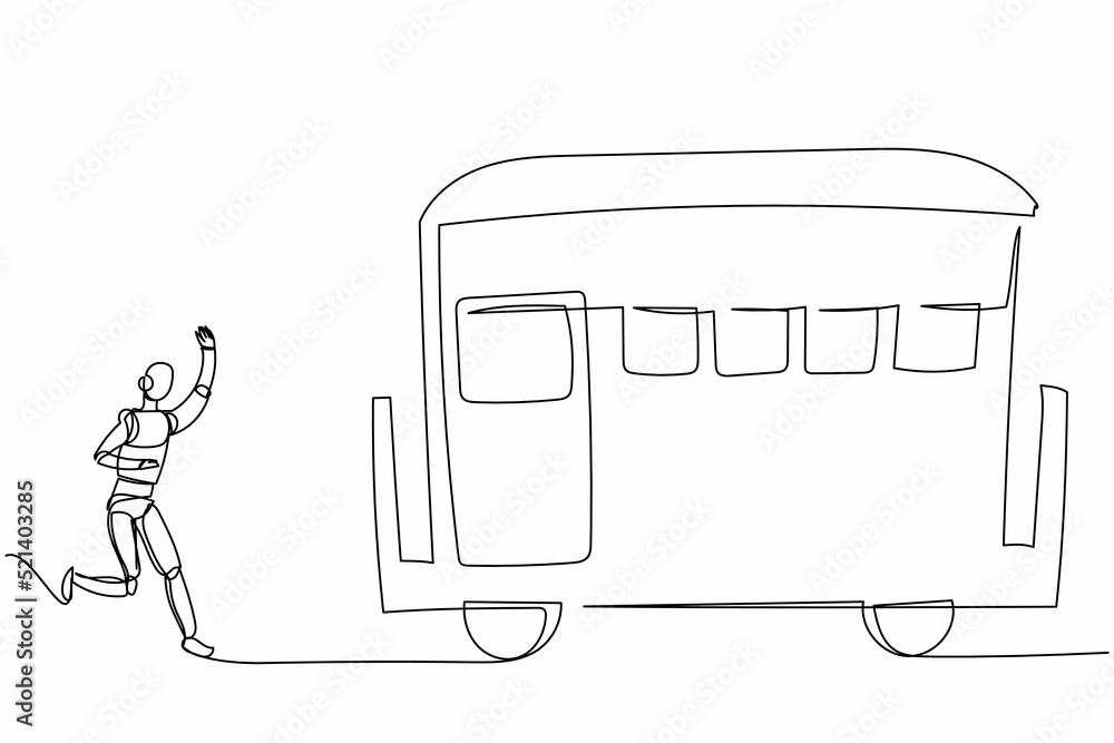 Poster continuous one line drawing robot run chasing train. transport system in railway station. humanoid r