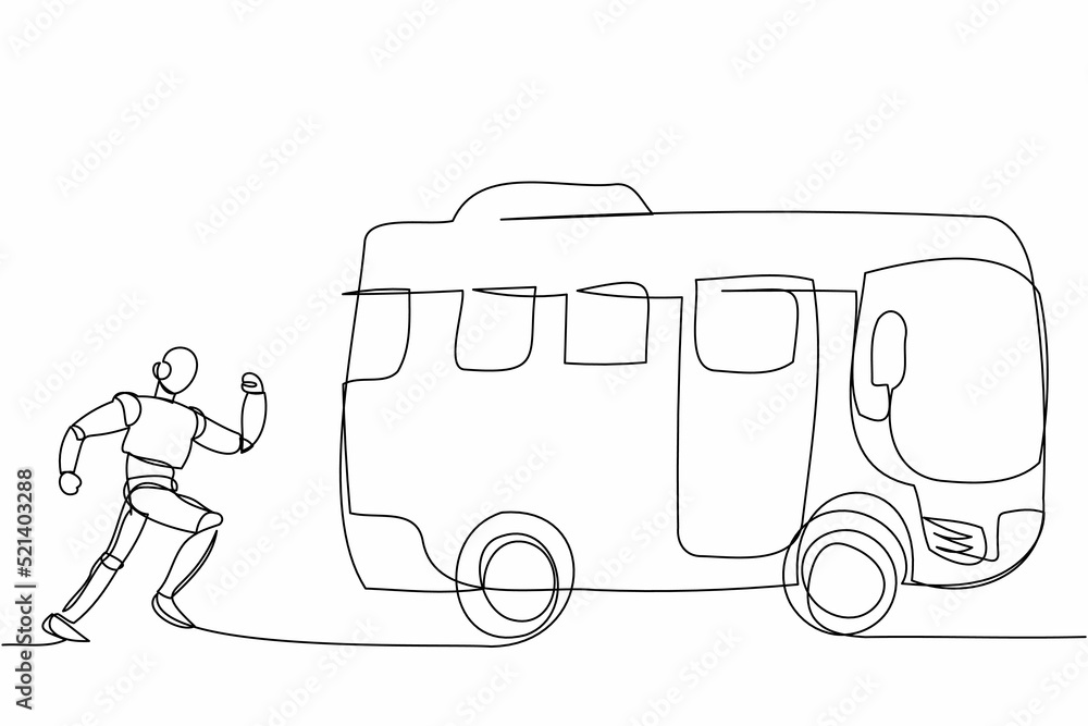 Poster single one line drawing robot run chasing bus. tech system analysis in public transportation. future