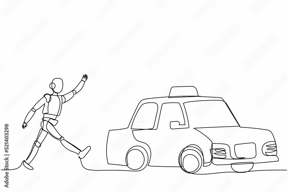 Poster continuous one line drawing robot running chasing taxi cab. digitally transportation era. humanoid r