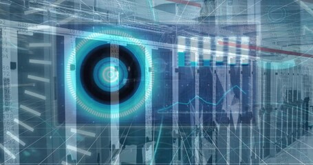 Animation of scope scanning and data processing over tech room with computer circuit board - Powered by Adobe