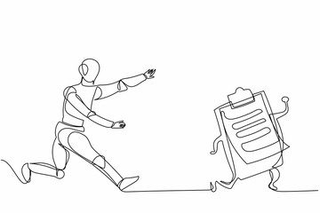 Single continuous line drawing robot chasing clipboard. Checklist document machine operation. Robotic artificial intelligence. Electronic technology industry. One line draw design vector illustration