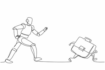Single one line drawing robot running chasing briefcase. Leather factory industry. Future technology development. Artificial intelligence processes. Continuous line graphic design vector illustration