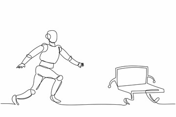 Single continuous line drawing robot chasing laptop computer. Deadline and task. Modern robotic artificial intelligence. Electronic technology industry. One line graphic design vector illustration