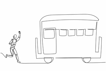 Continuous one line drawing robot run chasing train. Transport system in railway station. Humanoid robot cybernetic organism. Future robotic development. Single line graphic design vector illustration