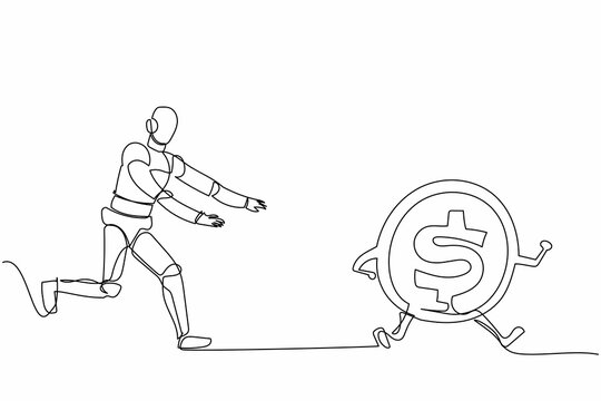 Continuous one line drawing robot chase dollar coin. Huge money in robotic industry investment. Humanoid robot cybernetic organism. Robotic development. Single line graphic design vector illustration