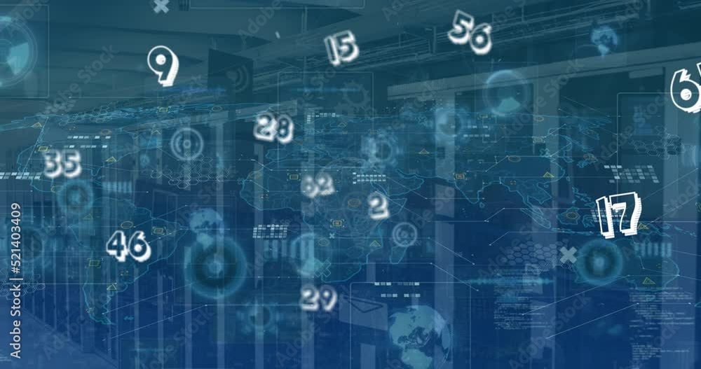 Poster animation of data processing and graphs and charts over computer server room