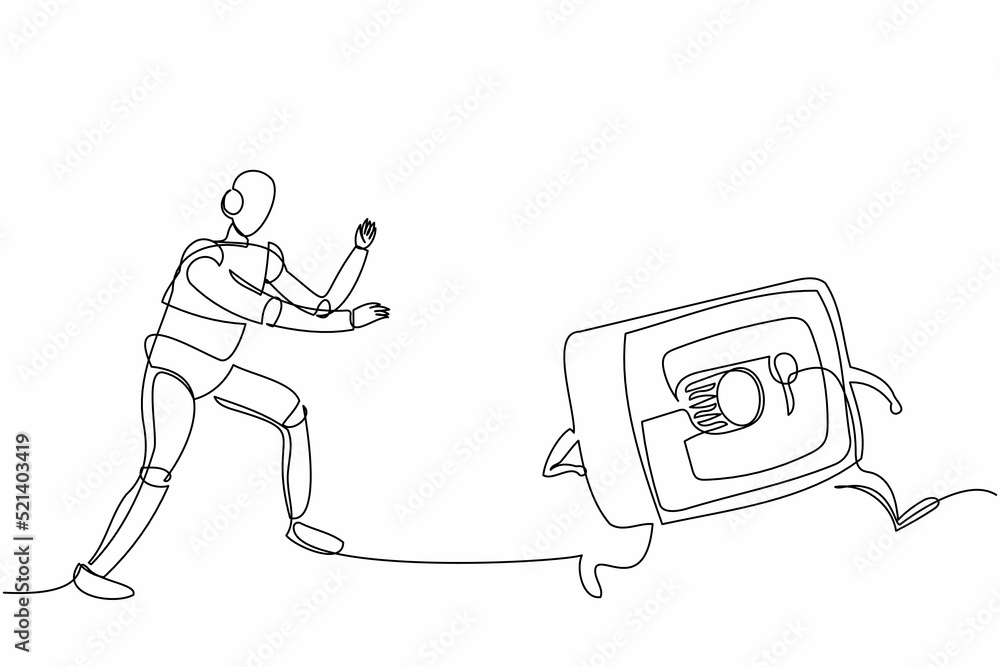 Poster continuous one line drawing robot run chasing deposit box. financial security protection. humanoid r
