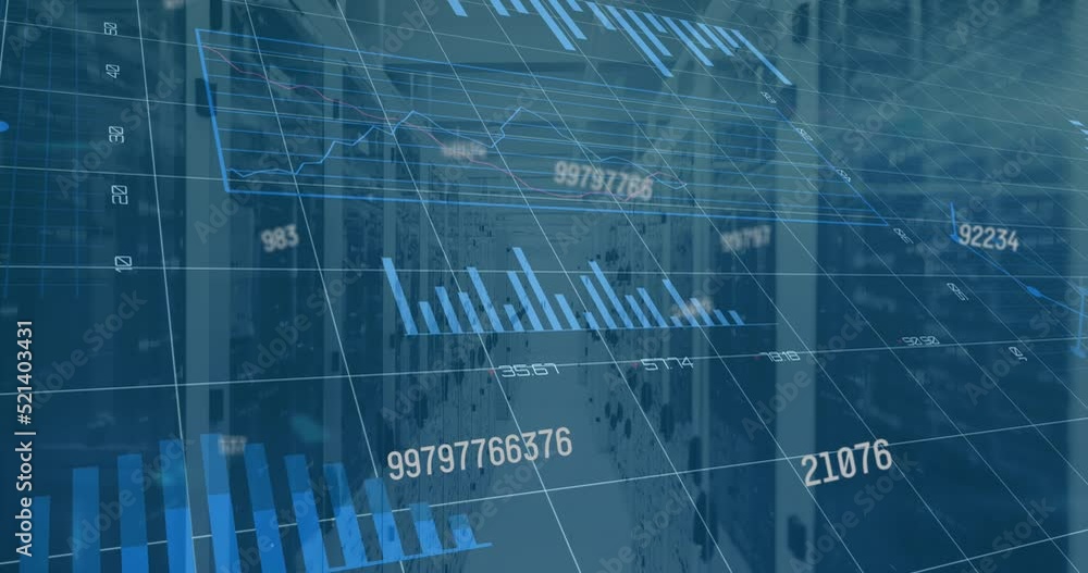 Poster animation of data processing and graphs and charts on interface