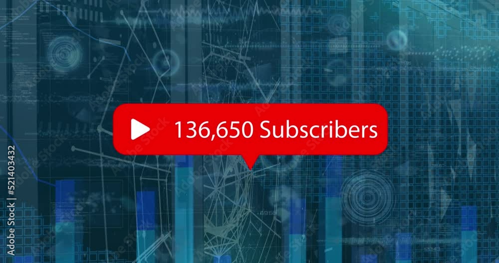 Poster animation of social media subscribers notification over charts processing data on interface