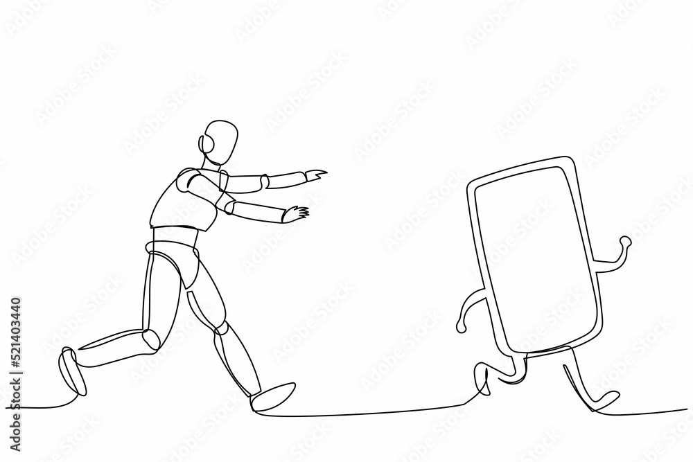 Poster single continuous line drawing robot run chasing smartphone. communication revolution. robotic artif