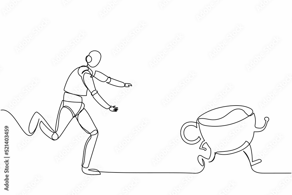 Poster continuous one line drawing robot run chase coffee cup. digital industry in coffee shop concept. hum