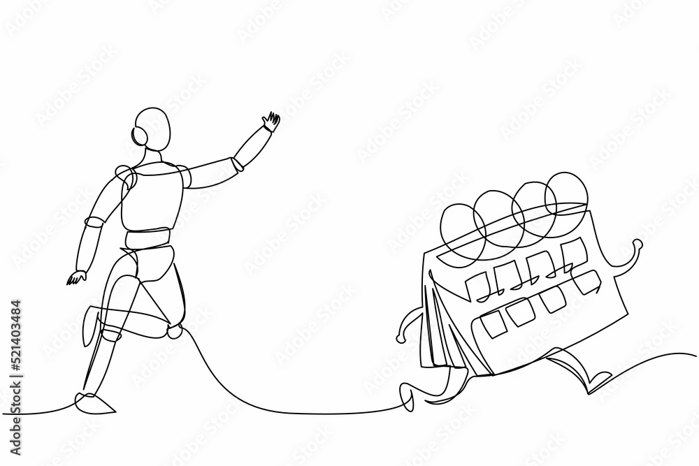 Poster single one line drawing robot chasing calendar. time management optimization. future technology deve