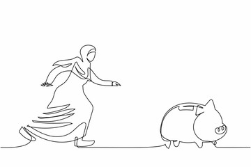 Single one line drawing Arab businesswoman chasing piggy bank. Management financial for personal use. Female manager maintain monetary crisis. Continuous line draw design graphic vector illustration