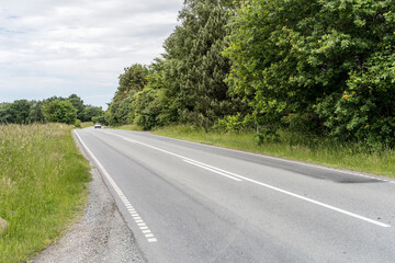 Fototapeta na wymiar road in green countyside near Harreshojvej, Hovestaden, Denmark