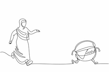 Continuous one line drawing Arab businesswoman run chasing hamburger. Unhealthy fast food and obese stomach. Delicious meal and favorite for many people. Single line design vector graphic illustration