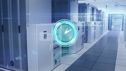 Animation of circular scanner with clock hands processing data over computer server room