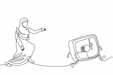 Single one line drawing Arabian businesswoman chasing deposit box. Female worker saving money, dollar, jewelry, gold in safety box. Protection asset in bank. Continuous line design vector illustration