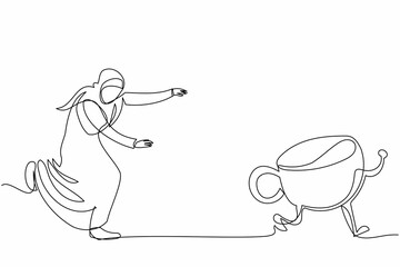 Continuous one line drawing Arab businesswoman run chase coffee cup. Office worker drink espresso latte for coffee break at office. Drinking and breakfast. Single line draw design vector illustration