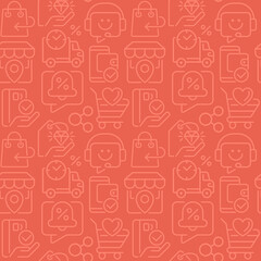 Internet shop abstract seamless pattern. Editable vector shapes on orange background. Trendy texture with cartoon color icons. Design with graphic elements for interior, fabric, website decoration