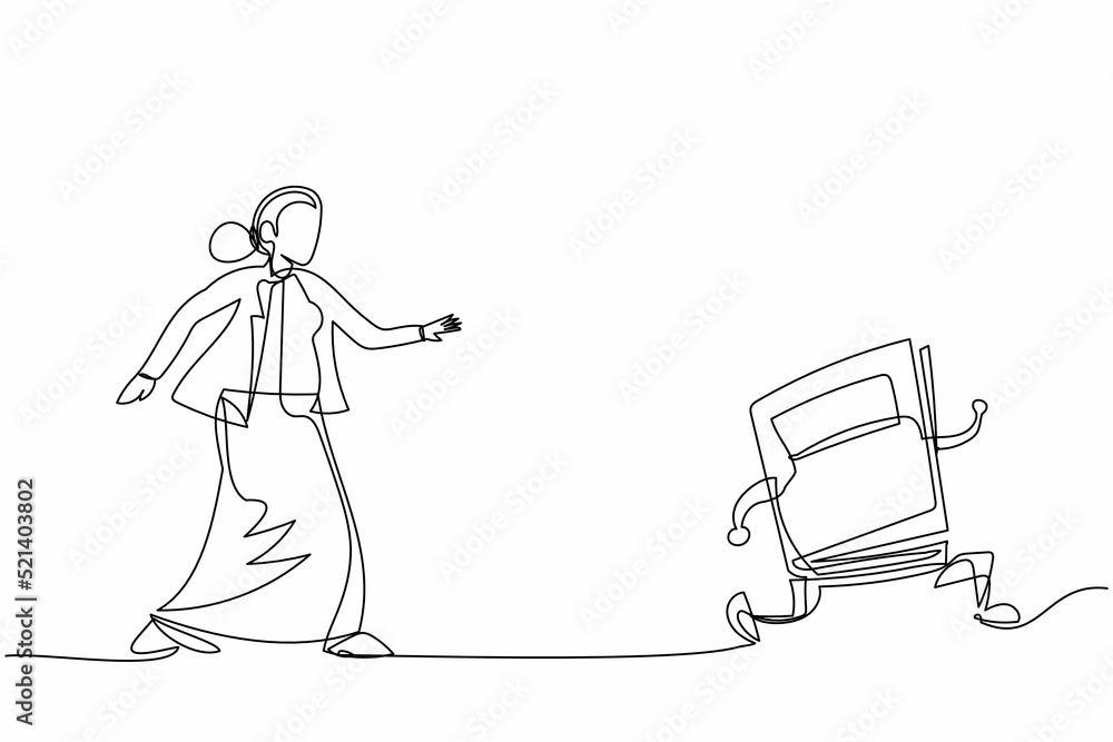 Poster single continuous line drawing businesswoman run chasing try to catch text book. worker being chased