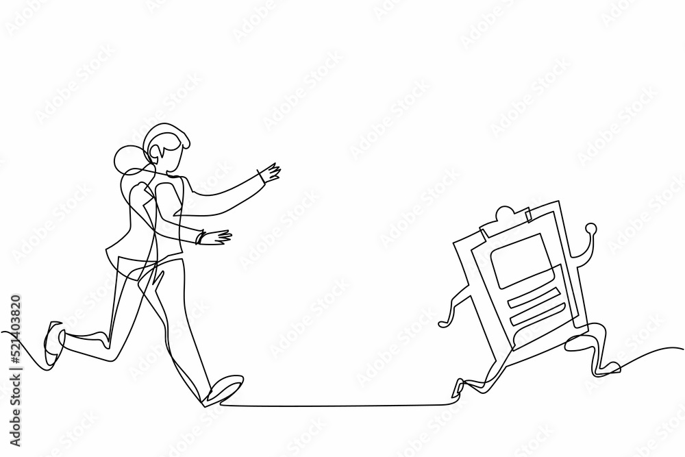 Poster single continuous line drawing businesswoman run chasing try to catch clipboard. manager being chase